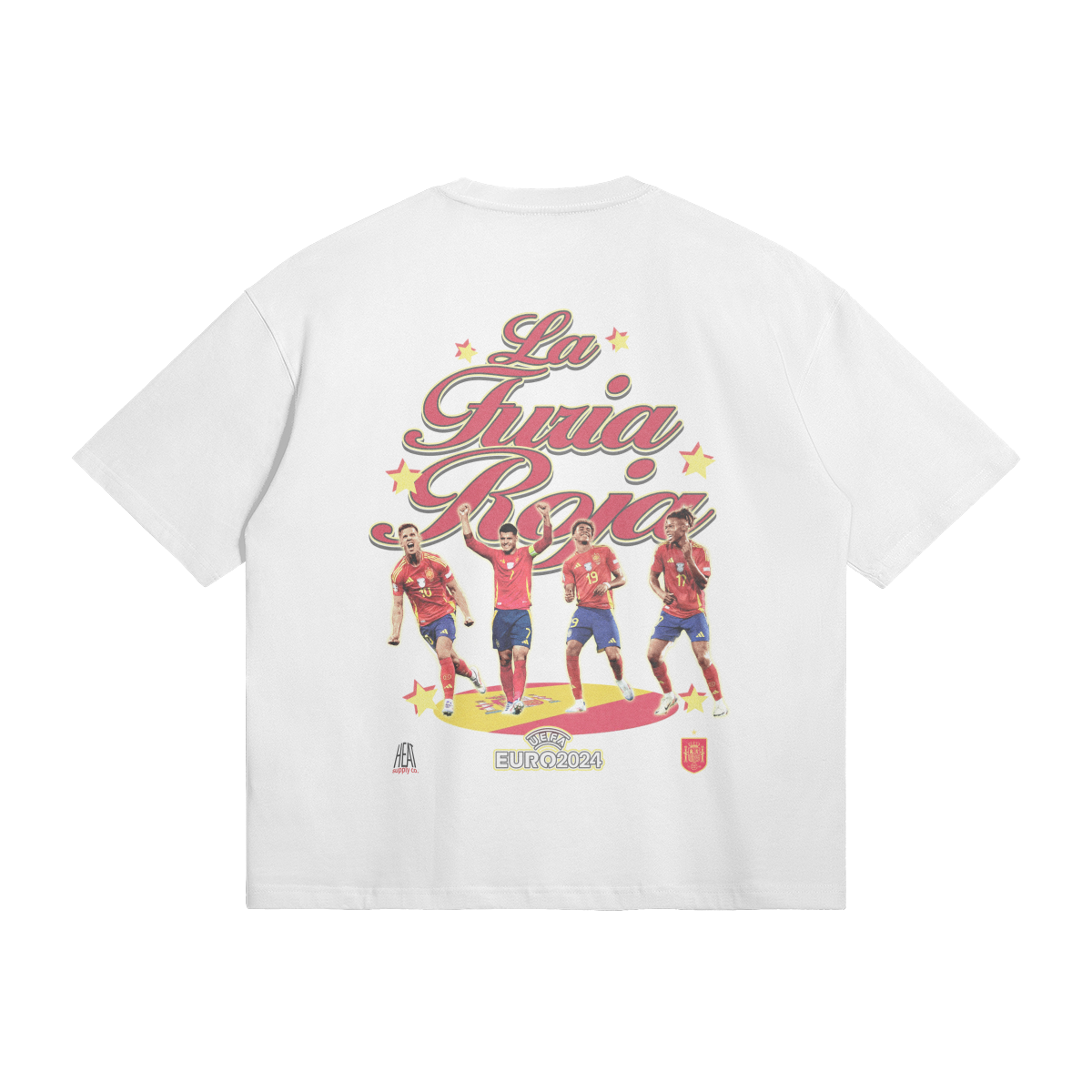  A white oversized t-shirt featuring a graphic of four Spain national soccer team players celebrating, with the text "La Furia Roja" in bold, cursive red lettering above them. The design includes the UEFA Euro 2024 logo.
