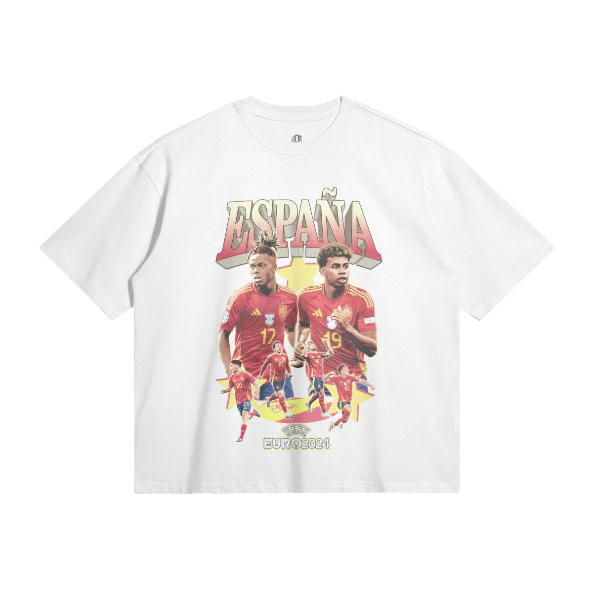 A white oversized t-shirt showcasing two prominent Spain national soccer team players in the center, surrounded by additional players in action. The text "España" is displayed in large, stylized letters above the players, with the UEFA Euro 2024 logo at the bottom.