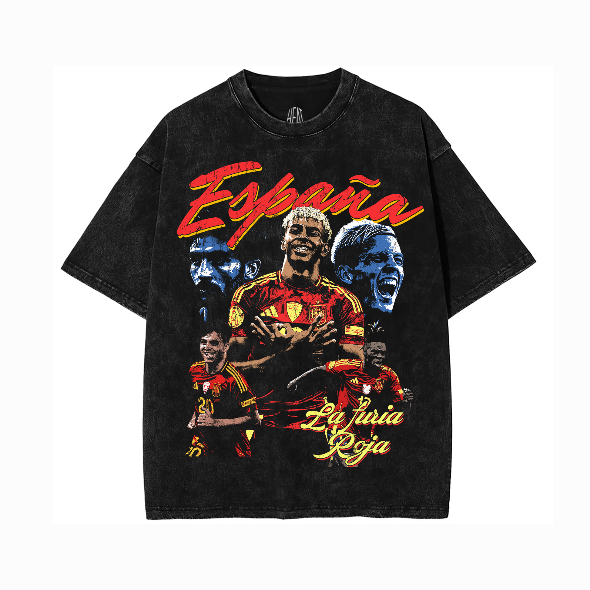 Black acid washed oversized Spain soccer graphic tee featuring retro España typography with Spain national team player collage artwork in red and yellow tones inspired by La Roja football culture.