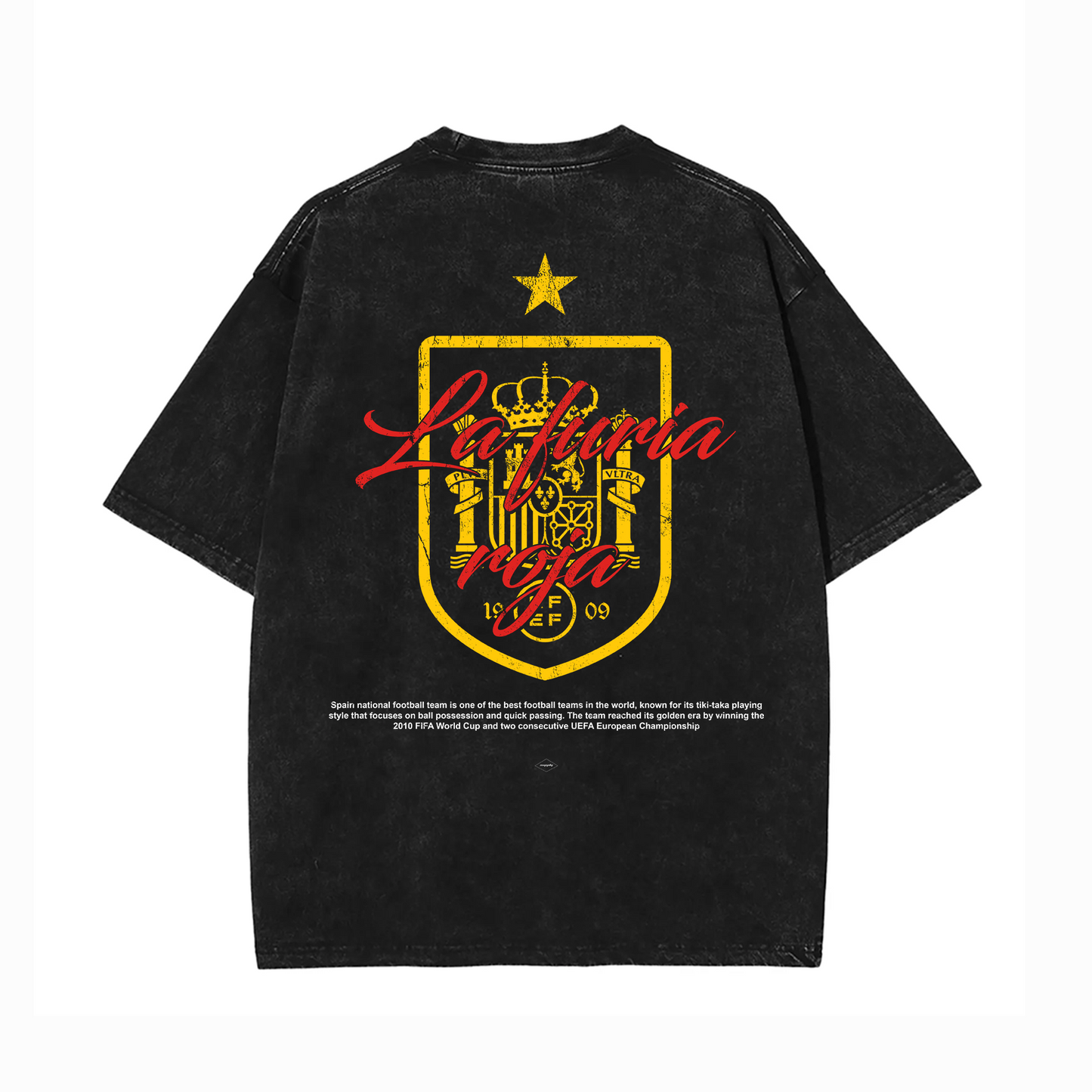 Black heavyweight acid washed Spain football t-shirt featuring vintage Spain crest artwork with bold red “La Furia Roja” script typography and retro national team inspired graphics on the back.