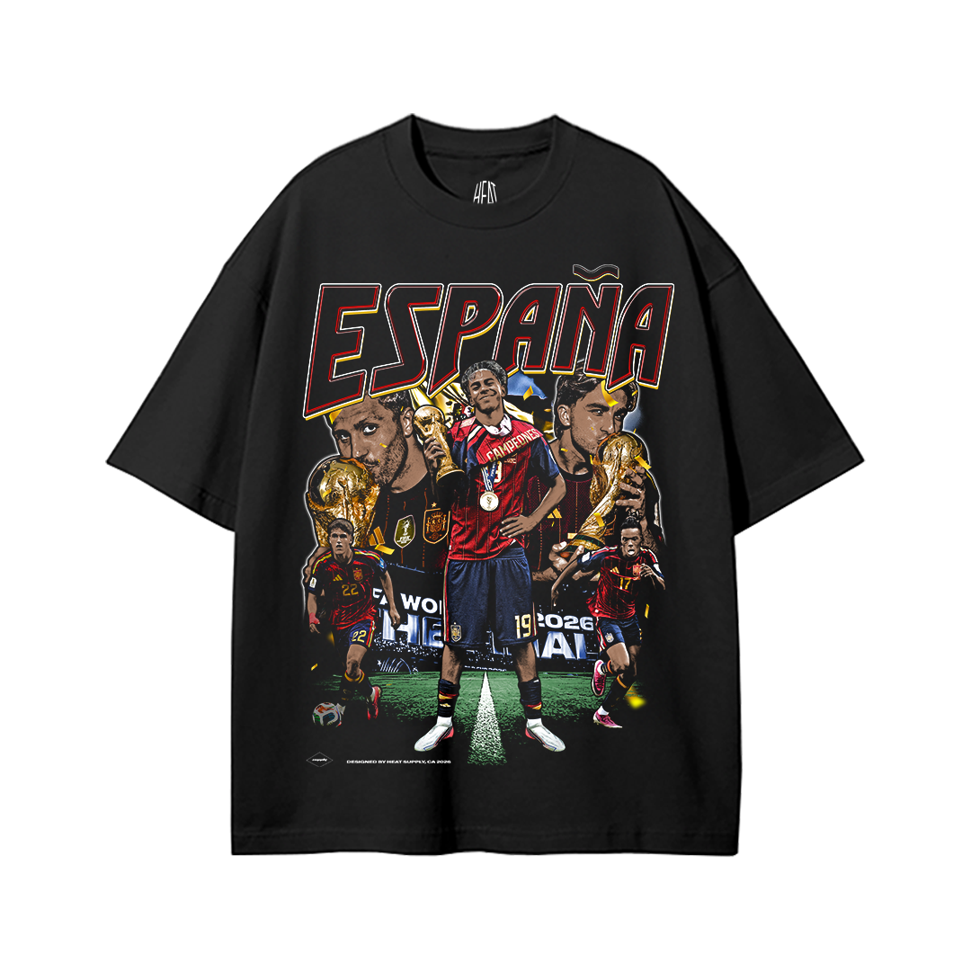 Black heavyweight cotton standard fit T-shirt featuring an exclusive España graphic with multiple Spain national team players celebrating victory, bold "ESPAÑA" typography, championship-inspired artwork, football trophy imagery, and La Furia Roja colors. Premium football streetwear design for Spain supporters.