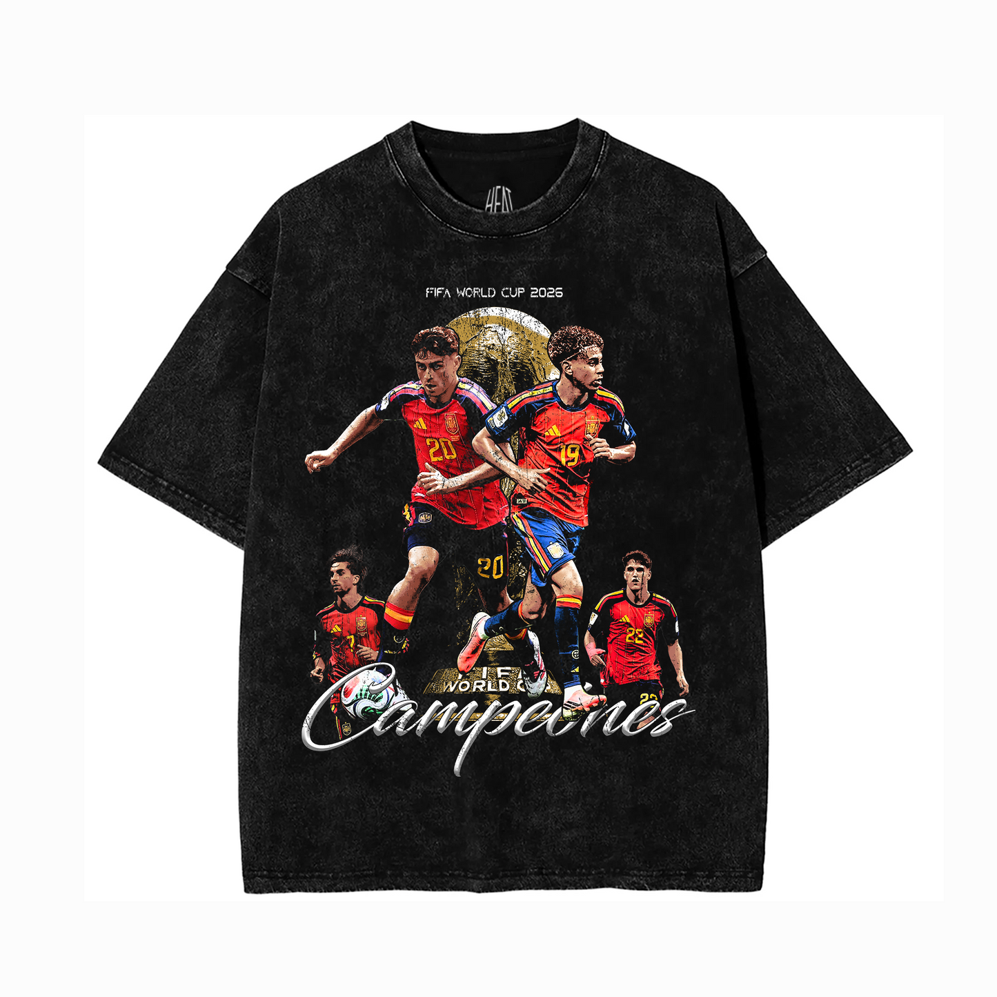 Black vintage-wash heavyweight cotton T-shirt featuring a dynamic collage of Spain national team stars in red jerseys celebrating in front of a gold FIFA World Cup trophy with silver "Campeones" script across the front, creating a bold football-inspired streetwear design.