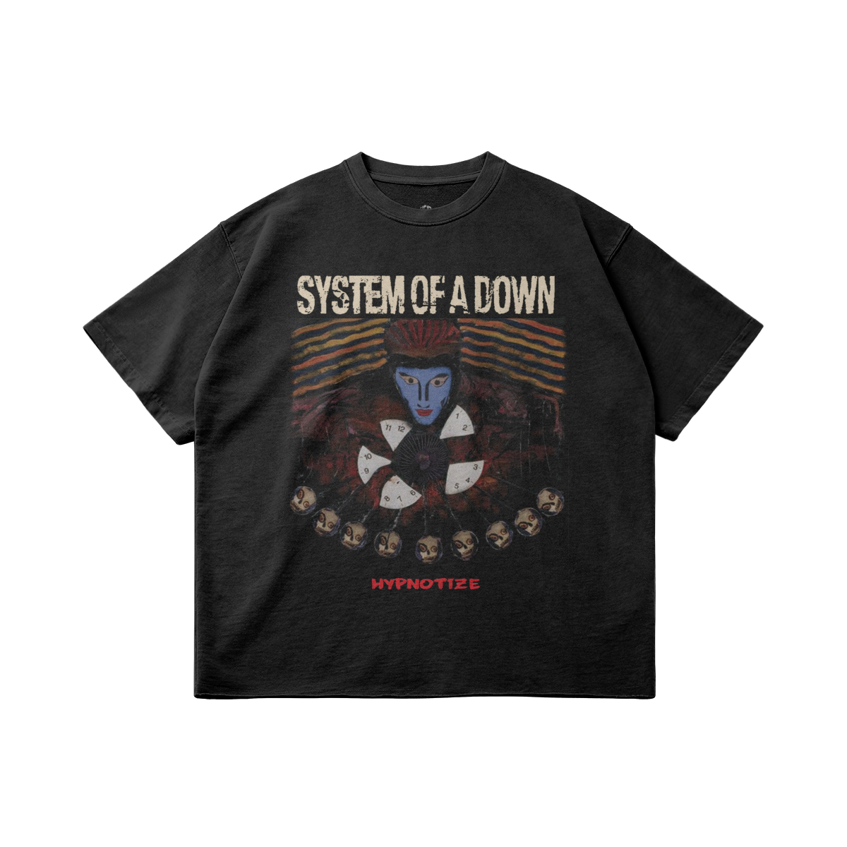 A black oversized t-shirt featuring the "System of a Down" logo at the top in distressed white lettering. Below, there is an abstract design with a central figure with a blue face and red hair surrounded by rotating clock hands. The bottom of the graphic displays the word "HYPNOTIZE" in red text.