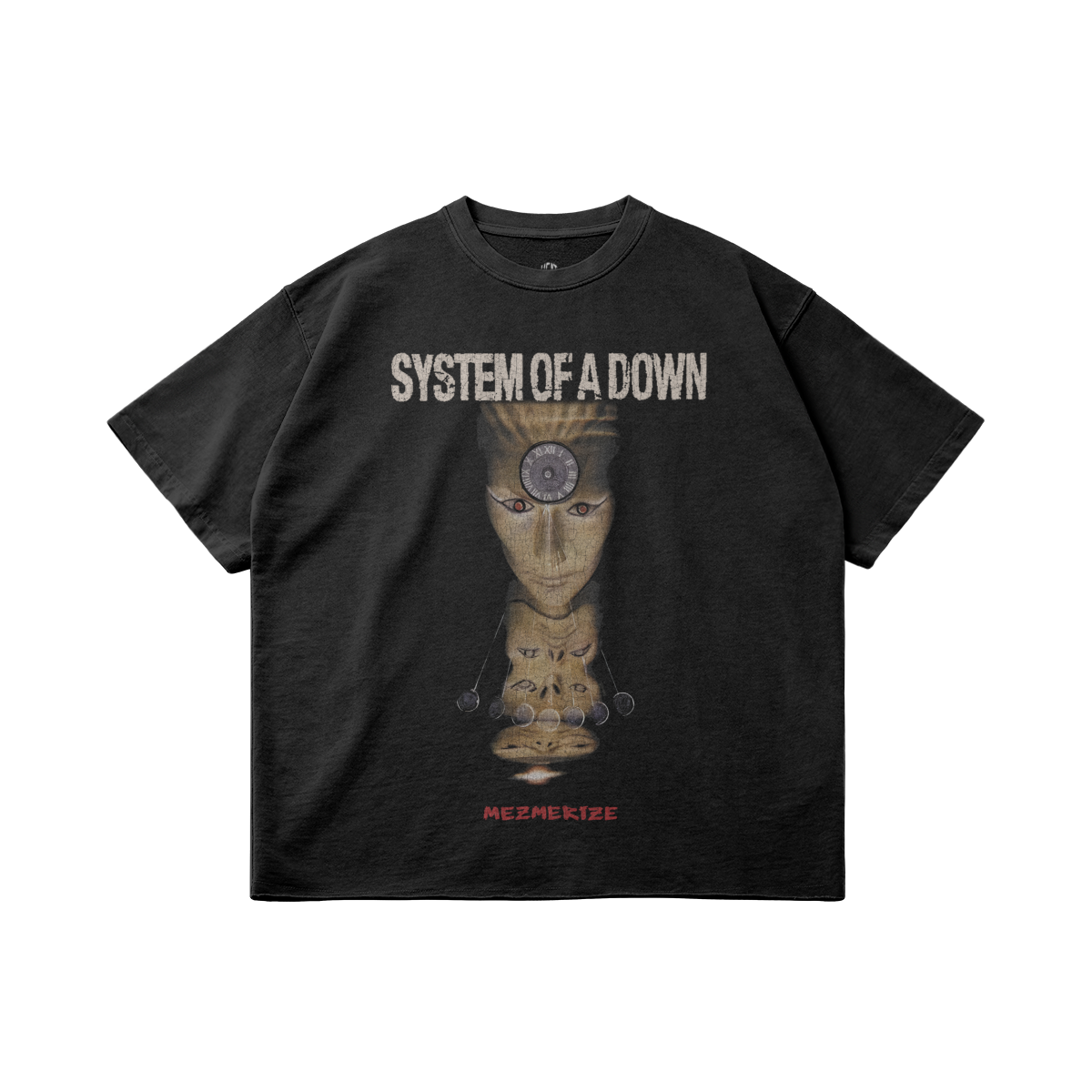 A black oversized t-shirt featuring the "System of a Down" logo at the top in distressed white lettering. Below, there is an abstract design with a central figure with a blue face and red hair surrounded by rotating clock hands. The bottom of the graphic displays the word "MEZMERIZE" in red text.