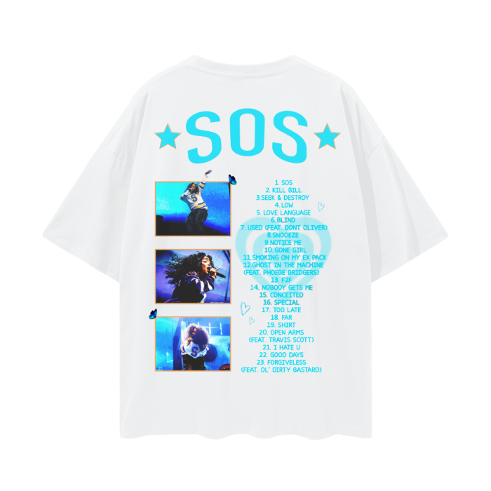  A white oversized t-shirt featuring the tracklist from SZA's album "SOS" in bright blue text on the back. The design includes three images of SZA performing on stage, placed vertically down the middle of the shirt. The word "SOS" is written in large blue letters at the top, flanked by two stars on either side. Small blue butterflies and hearts are scattered around the images and text.