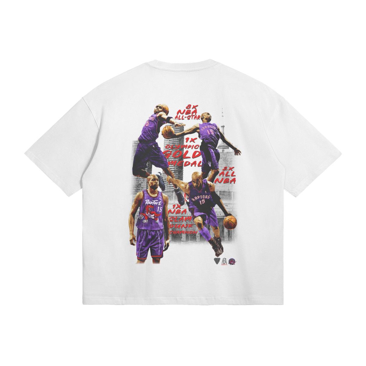Back of the white t-shirt showcasing additional action shots of Vince Carter in his Raptors uniform, along with his career achievements listed in red text.