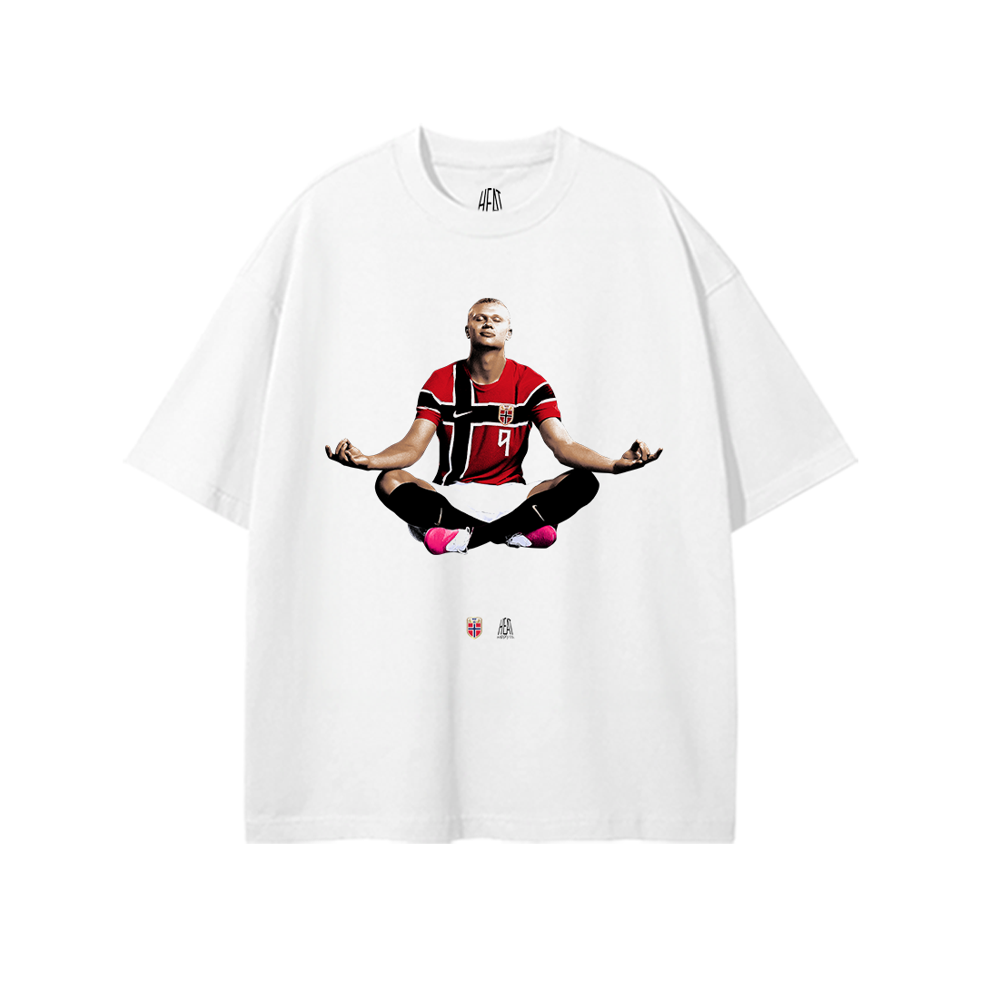 White streetwear tee with Haaland in a yoga pose wearing norway jersey