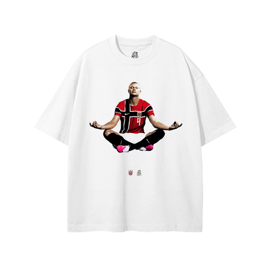 White streetwear tee with Haaland in a yoga pose wearing norway jersey