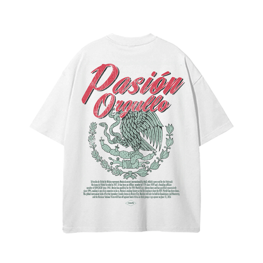 Selección Mexicana de Fútbol heavyweight T-shirt featuring large “Pasión Orgullo” red script over a Mexican eagle emblem graphic with vintage-inspired details.
