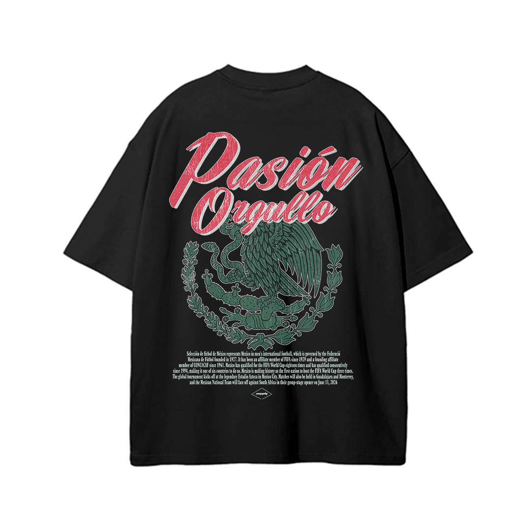Back view of black Selección Mexicana de Fútbol heavyweight T-shirt featuring large “Pasión Orgullo” red script over a Mexican eagle emblem graphic with vintage-inspired details.